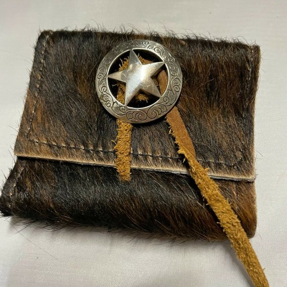 Cowhide Brindle Hair Wallet w Texas Star Concho Genuine Leather Hide Handmade